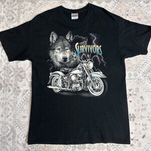 Vintage 90s Survivors Biker Wolf Harley Davidson Motorcycle T-Shirt Adult Large
